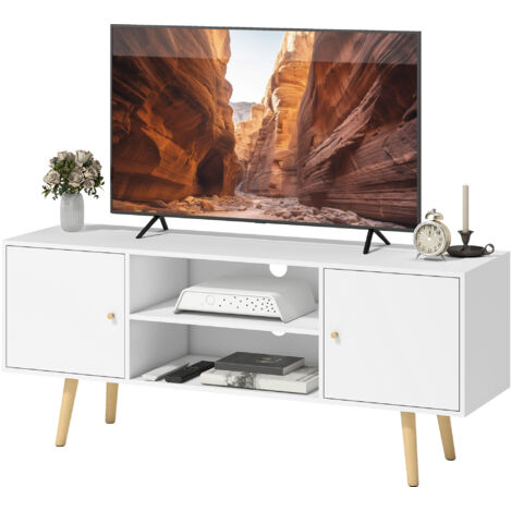 Meuble TV scandinave 2 portes 2 compartiments passe-fils pieds pin blanc 120x34x50 cm