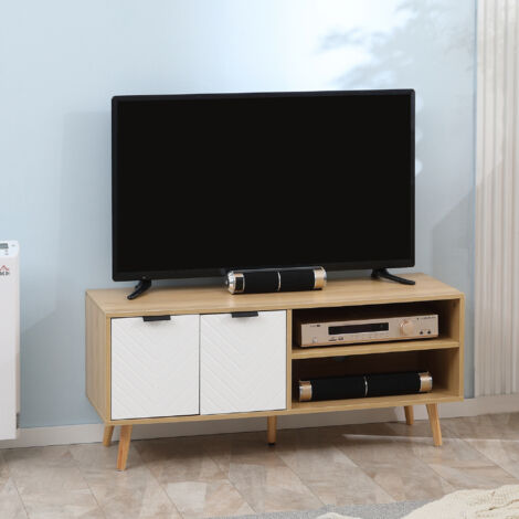 Meuble TV scandinave 2 portes 2 niches avec passe-câbles, pour TV jusqu’à 46″, 110×39×48,8 cm