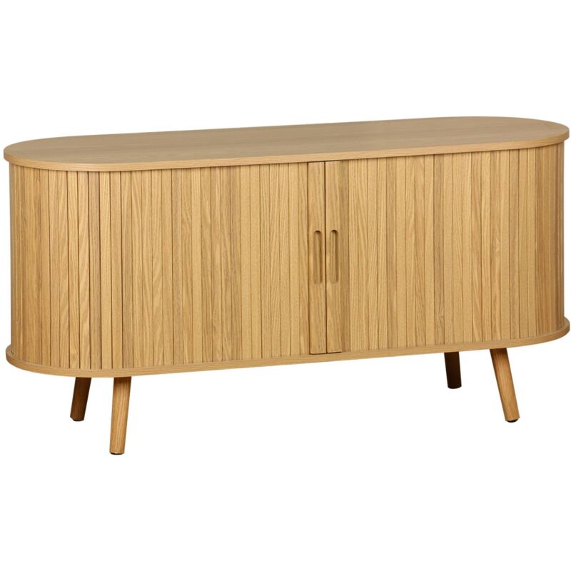 Meuble TV scandinave 2 portes coulissantes. 4 compartiments. effet bois rainuré. L120 x 40 x 57 cm