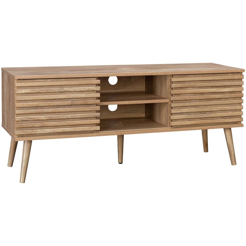 Meuble tv scandinave avec 2 portes décor bois rainuré et 1 niche centrale avec étagère L120cm