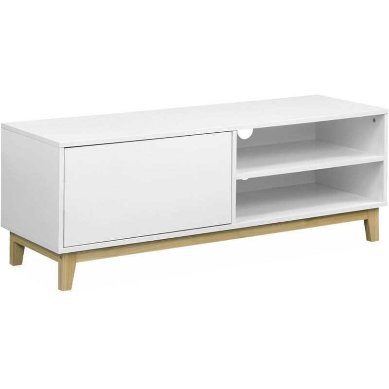 Meuble tv scandinave blanc - Floki - 1 tiroir. pieds en bois de sapin. 120x40x45cm