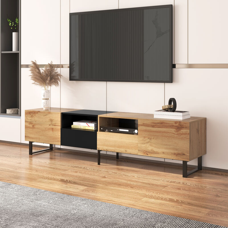 Meuble tv 190cm avec 2 compartiments et 2 tiroirs pour chambre ou salon - Naturel
