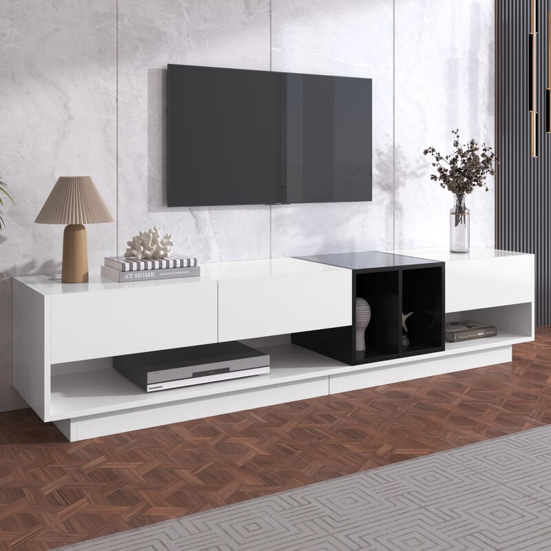 Modernluxe - Meuble tv 190cm - 3 tiroirs et 2 compartiments - Blanc