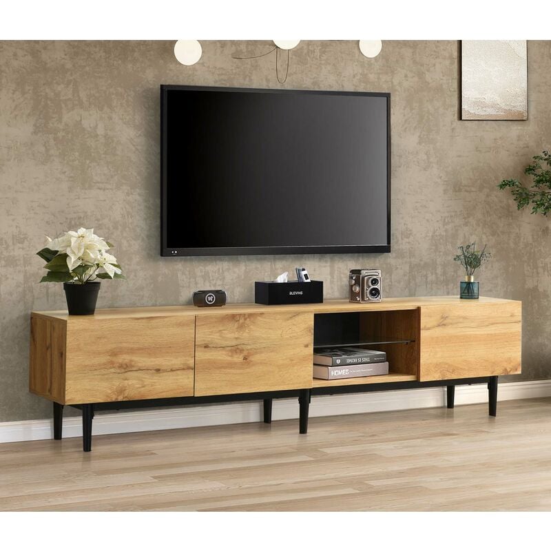 Meuble tv en bois 175cm avec led - 3 portes 2 étagères - style industriel - Naturel