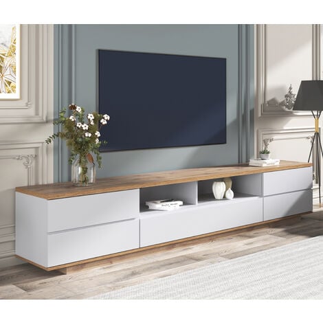 Meuble TV scandinave contemporain 180 cm pour salon Banc tv en bois 5 portes 8 compartiments naturel blanc