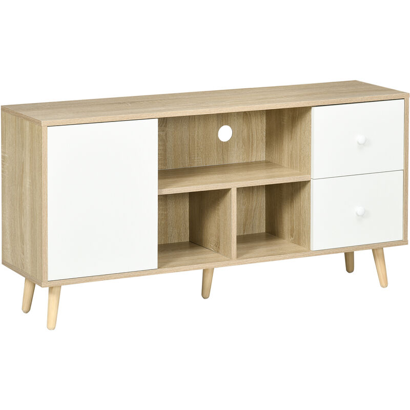 Homcom – Meuble TV scandinave 120 cm – 3 niches et 2 tiroirs – Piètement bois de pin – Gestion des câbles intégrée – Pour téléviseurs jusqu'à 45