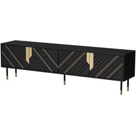 Meuble TV Seborga, buffet de salon avec quatre portes battantes et quatre compartiments intérieurs, surélevé du sol, 204x40 h55 cm, noir et or