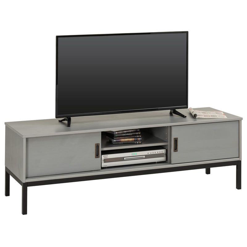 Idimex - Meuble TV SELMA banc télé de 145 cm au style industriel design vintage avec 2 portes coulissantes, en pin massif lasuré gris - Gris