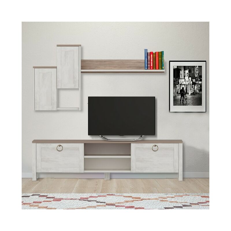 Meuble TV Sento - avec portes, etageres, tablettes - de Salotto - Blanc, Noyer en Bois, 160 x 35 x 42 cm