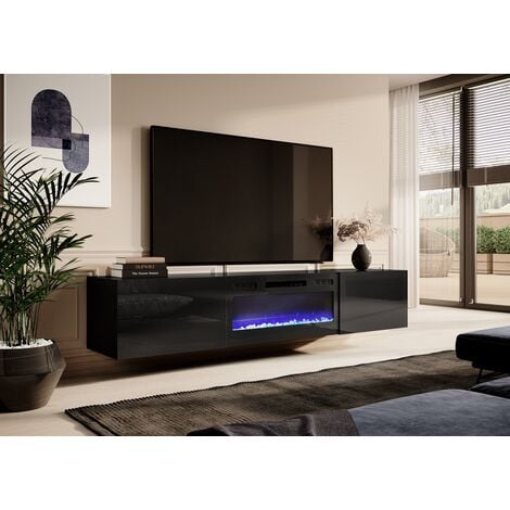 Meuble TV Noir 180x49x40cm Avec Cheminée chauffante intégrée PALACE sur  pieds