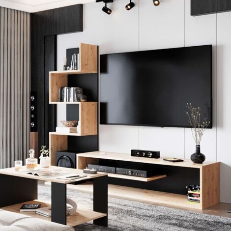 MIROYTENGO Meuble TV Snake pour salon et salle à manger en chêne artisanal/noir ou chêne Sonoma/Nymphaea Alba avec 4 étagères 160 x 130 x 29 cm