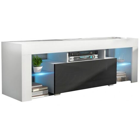 Meuble TV SPIDER A LED en Blanc MAT avec porte Noir Laqué 130 cm