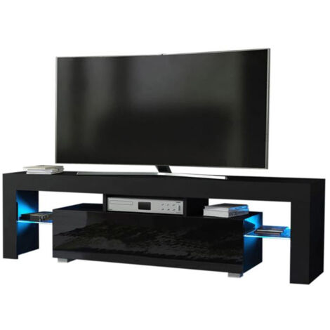 Meuble TV SPIDER A LED en MAT Noir avec porte Noir Laqué 160 cm