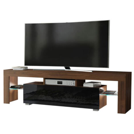 Meuble TV SPIDER A LED en Noyer MAT avec porte Noir Laqué 160 cm