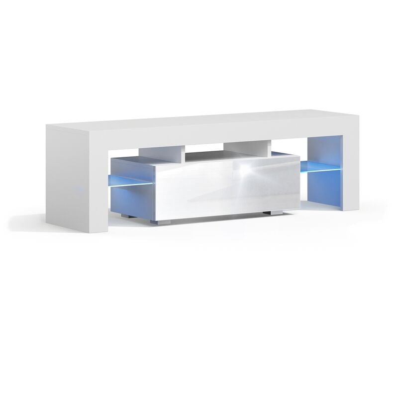 Dusine - Meuble tv spider à led en Blanc mat avec porte Blanc Laqué 130 cm