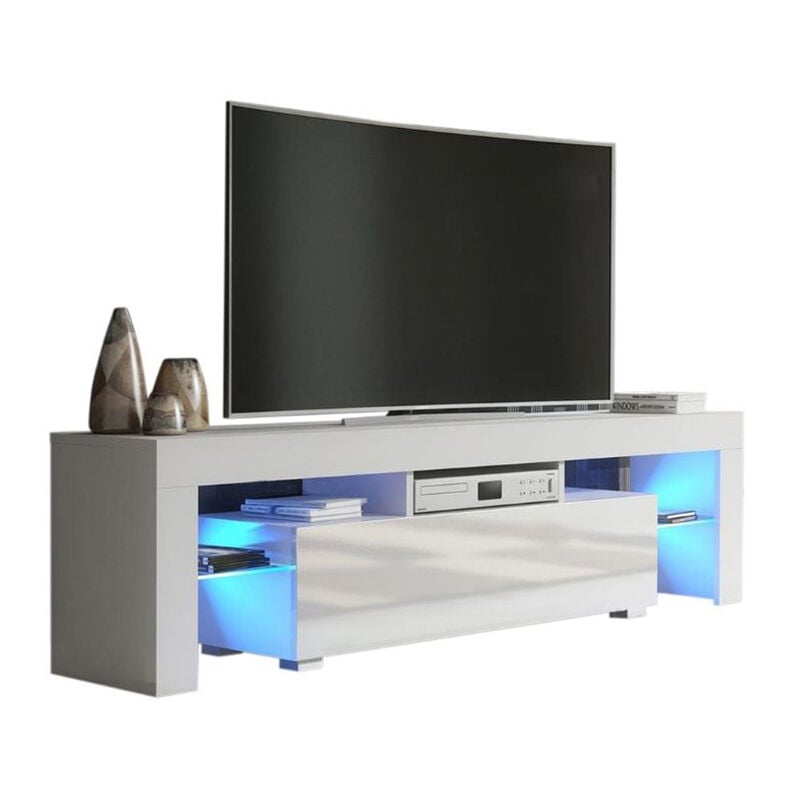 Dusine - Meuble tv spider à led en Blanc mat avec porte Blanc Laqué 160 cm