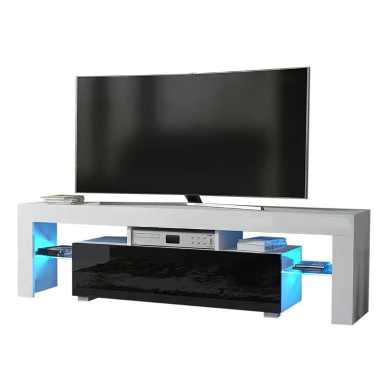 Dusine - Meuble tv spider à led en Blanc mat avec porte Noir Laqué 160 cm