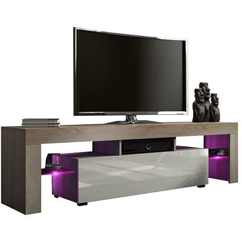 Dusine - Meuble tv spider à led en Chêne mat avec porte Blanc Laqué 160 cm