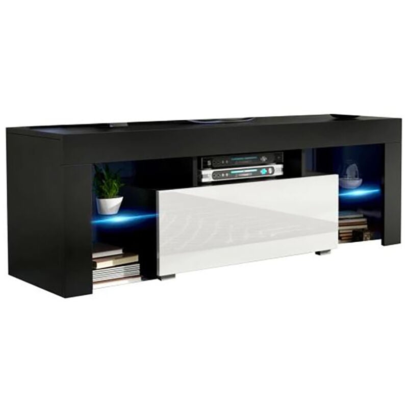 Dusine - Meuble tv spider à led en mat Noir avec porte Blanc Laqué 130 cm