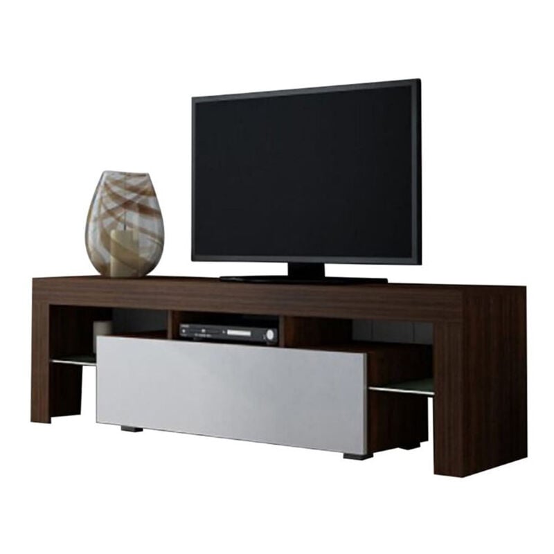 Dusine - Meuble tv spider à led en Noyer mat avec porte Blanc Laqué 160 cm