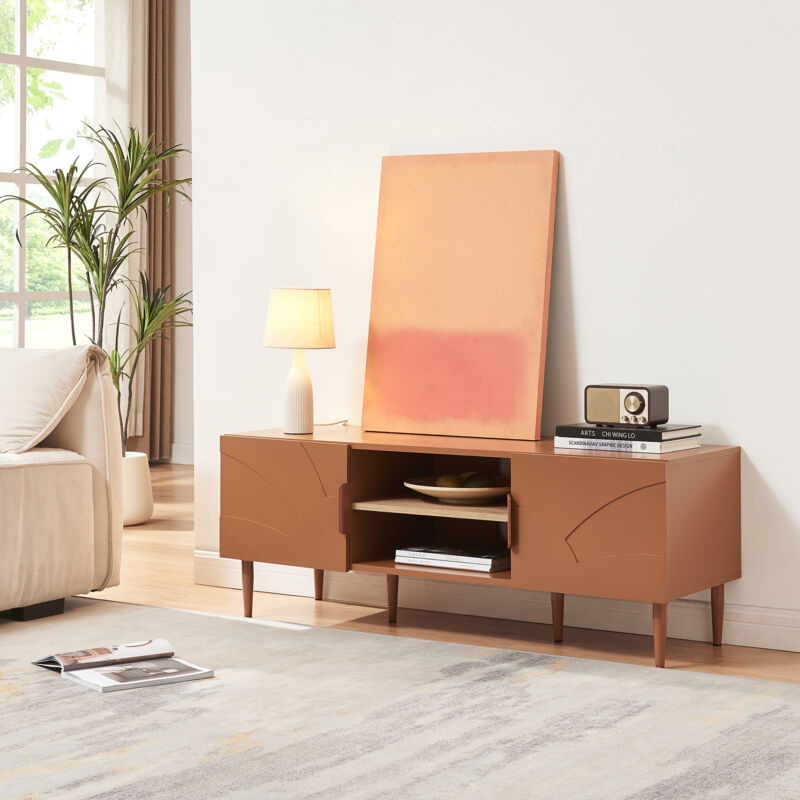 [En.Casa] – Meuble TV 120 x 40 x 45 cm – 2 portes – Couleur rouille – MDF et acier – Passages de câbles intégrés – Stabilité renforcée