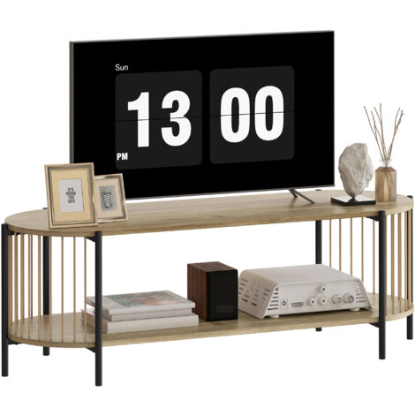 Meuble TV style bohème, pour écran jusqu'à 55 pouces, motif corde papier, 2 étagères ouvertes, 124x43,5x41 cm, naturel