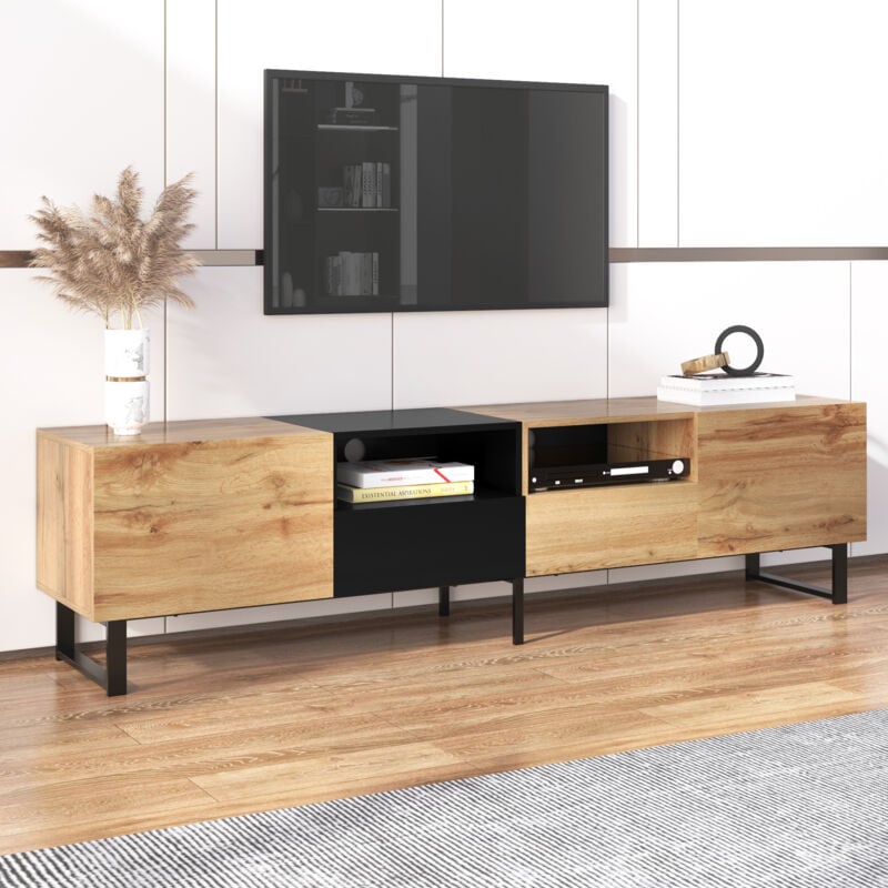 Yoleo - Meuble tv Style Industriel, Design Noir et Bois, 2 Portes 2 Tiroirs, Banc tv Buffet Salon Elegant, 190x38x48cm
