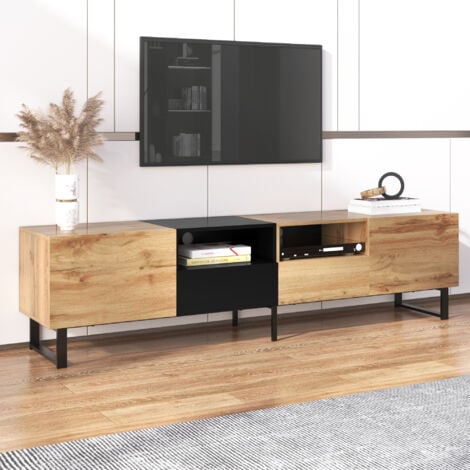 YOLEO Meuble TV Style Industriel, Design Noir et Bois, 2 Portes 2 Tiroirs, Banc TV Buffet Salon Elegant, 190x38x48cm