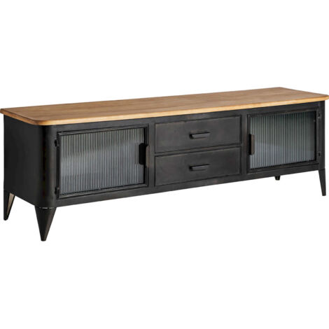 Meuble TV style industriel en fer noir verre et bois caoutchouc - Noir fer et bois brun translucide