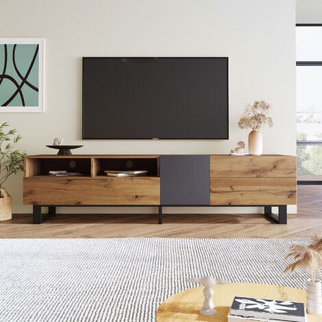 ELBS Meuble TV style moderne 180 cm, avec Etagères et Rangement, 2 portes et 2 tiroirs, Aspect Bois - Naturel