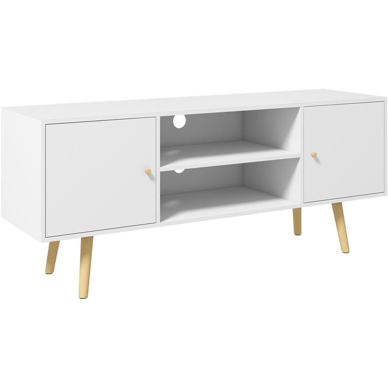 homcom - meuble tv style scandinave 2 portes 2 niches passe-fils piètement bois pin panneaux blanc
