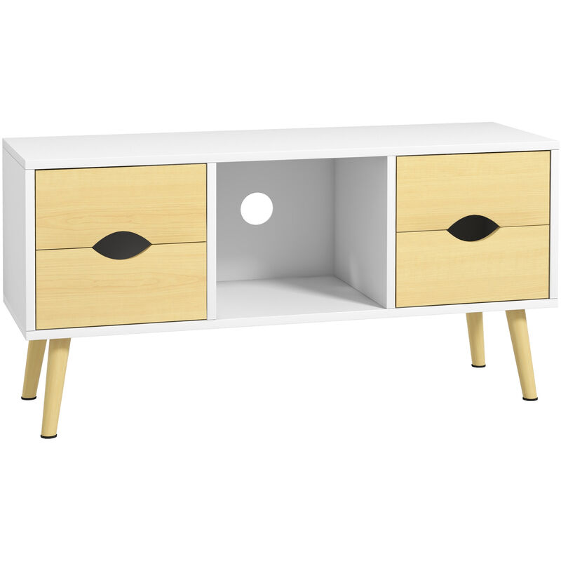 Homcom - Meuble tv style scandinave 4 tiroirs coulissants niche passe-fils piètement bois pin blanc aspect bois clair