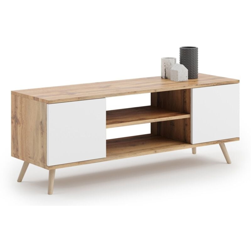 Meuble TV style scandinave FLINT TV - Chêne foncé - Blanc