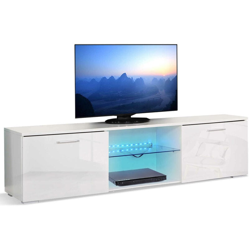 Meuble TV-Support de Télévision avec Bandes Lumineuses led, 2 Portes et 2 Etagères,pour Salon et Chambre,Blanc Mondeer