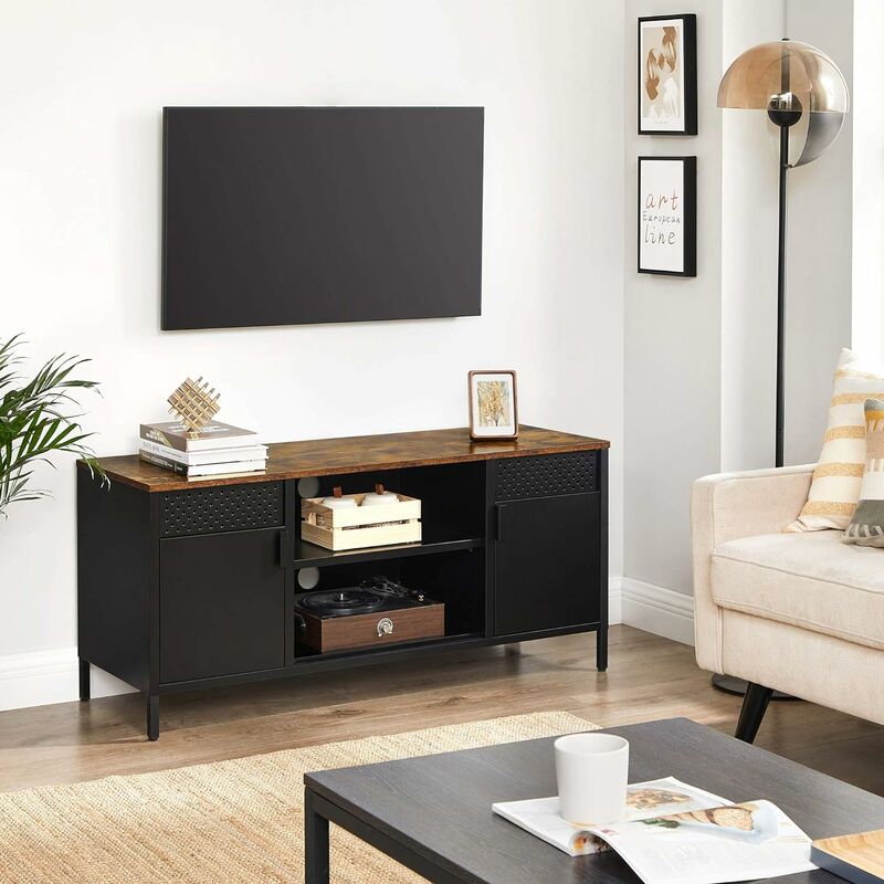 meuble tv, support de télévision, buffet bas, avec 3 étagères réglables, pour tv jusqu'à 55 pouces, pour salon, chambre, marron rustique et noir