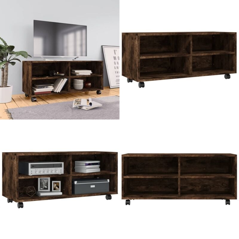 Vidaxl - Meuble tv sur roulettes Chêne fumé 90x35x35cm Bois d'ingénierie - Meuble Tv - Meuble Tv Roulant - Armoire Tv - Étagère Tv - Rangement Tv