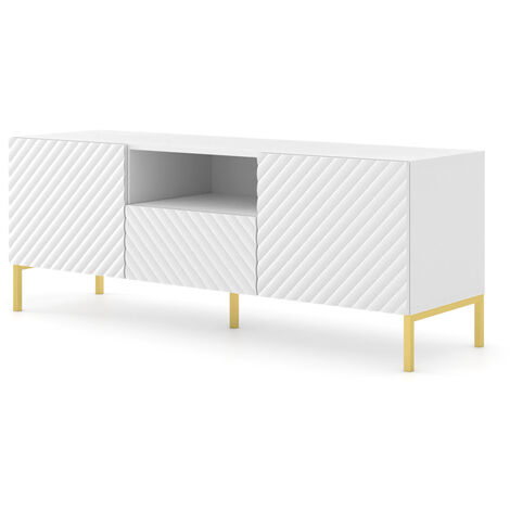 Meuble TV SURF 150 cm 2D1S fraisé blanc mat + pieds