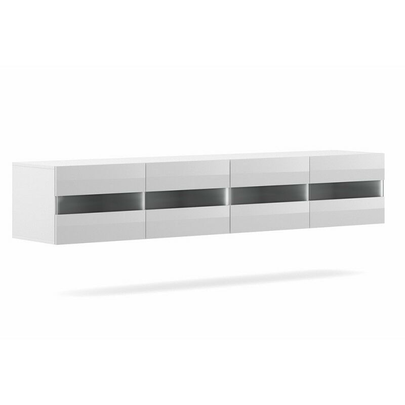 Meuble TV à suspendre ERIKA 200 cm, 4 portes, coloris blanc et blanc brillant - Blanc