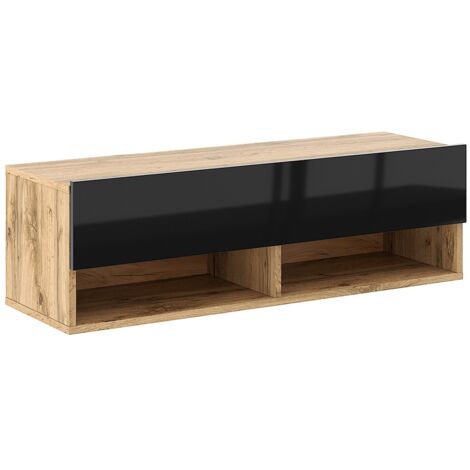 Meuble TV suspendu 1 porte 100 cm décor noir et chêne - LESLI
