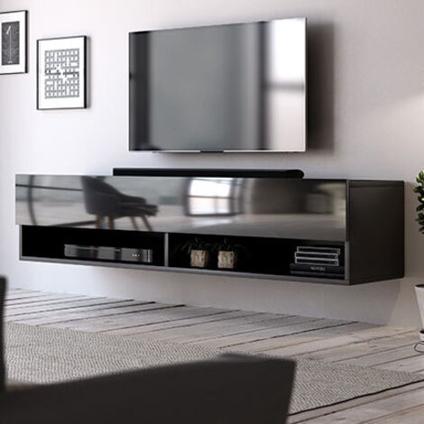 Meuble TV suspendu 1 porte 140x32,8x31 cm noir - LESLI