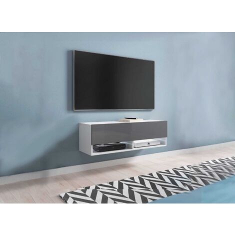 Meuble TV suspendu 1 porte 2 niches blanc et gris ROMANE - 100 cm