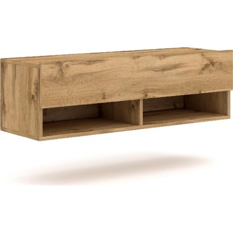 Meuble TV suspendu 1 porte abattante 100x33x31 cm naturel - LESLI