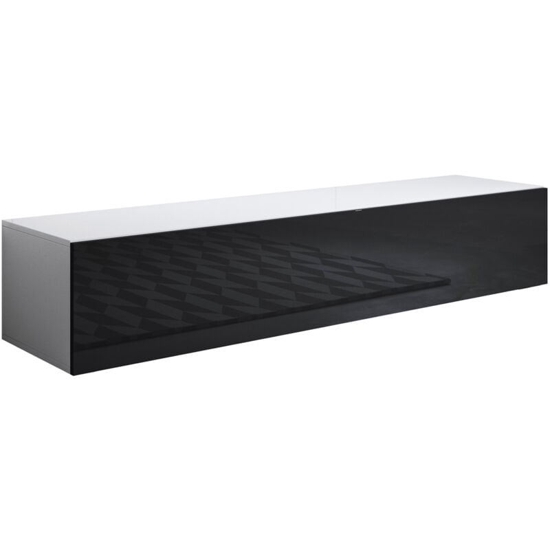 Meuble tv suspendu 1 porte Meuble tv de salon 160x30x40cm Modèle Luke H2 Blanc et Noir Finition brillante