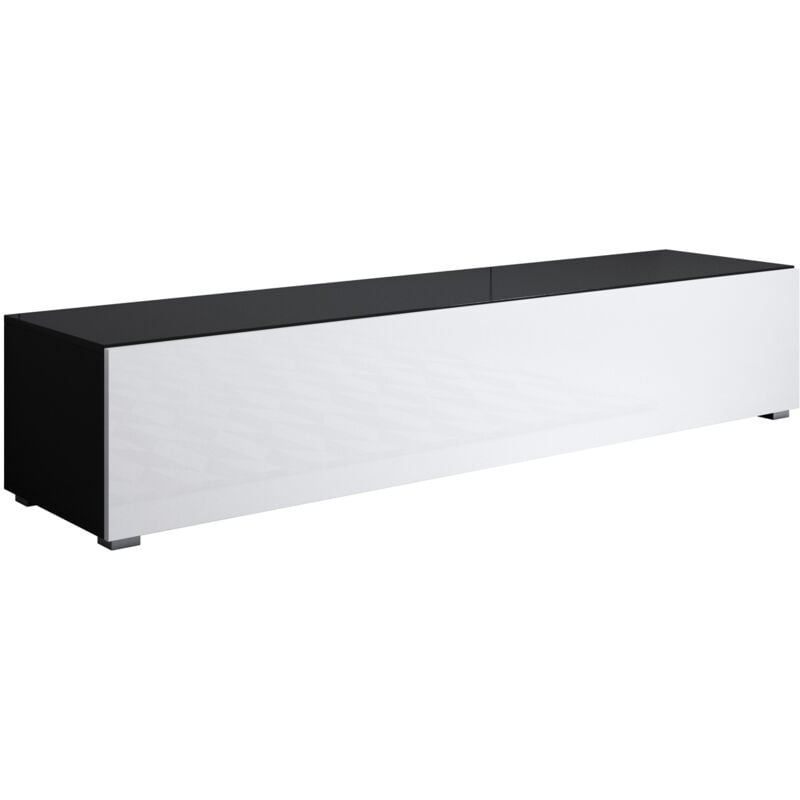 Meuble tv suspendu 1 porte Meuble tv de salon 160x30x40cm Modèle Luke H2 Noir et Blanc Finition brillante