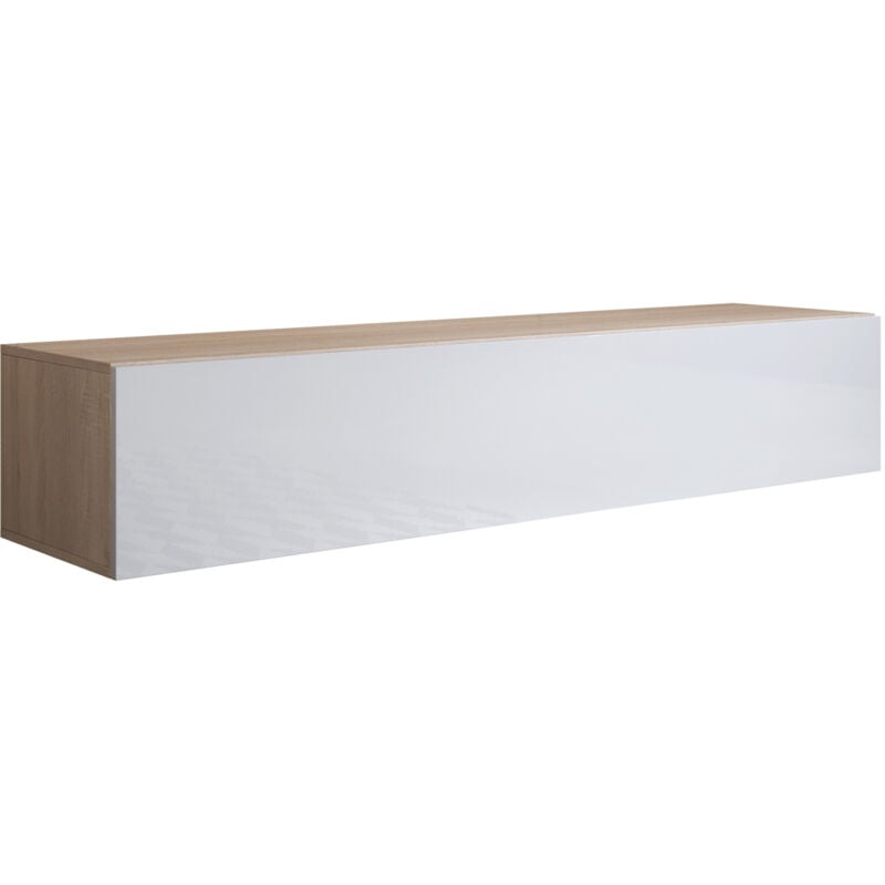 Meuble TV suspendu 1 porte Meuble TV de salon 160x30x40cm Modèle Luke H2 Sonoma mat et Blanc Finition brillante