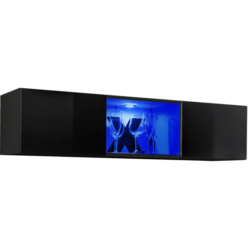 Meuble tv suspendu 1 porte Meuble tv de salon avec led 160x30x29cm Modèle Krista H-160CC Noir Finition brillante