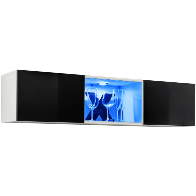 Meuble tv suspendu 1 porte Meuble tv de salon avec led 160x30x29cm Modèle Krista H-160CC Blanc et Noir Finition brillante