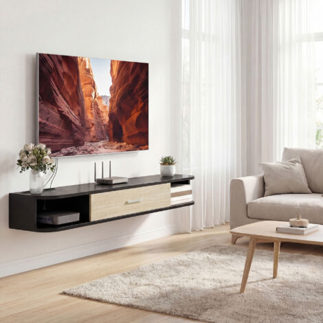 Meuble TV Suspendu 120 cm. Meuble télé jusqu'à 50 Pouces. Porte Rabattable. 2 Étagères Ouvertes et Passe-câbles. Noir