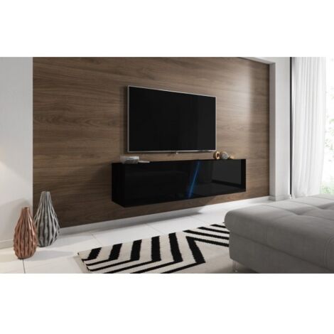 Meuble TV suspendu 160cm design minimaliste moderne lumière LED Regat - Noir