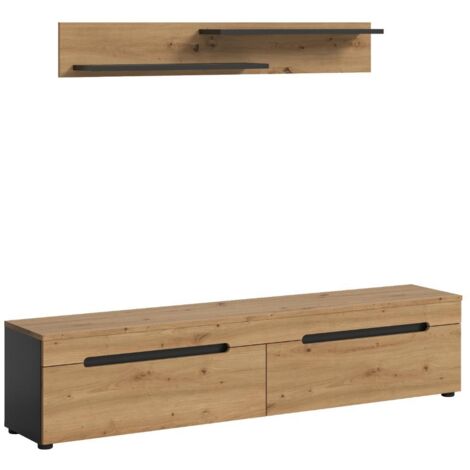 Meuble TV suspendu 170x38x33cm décor naturel et anthracite - KANUT